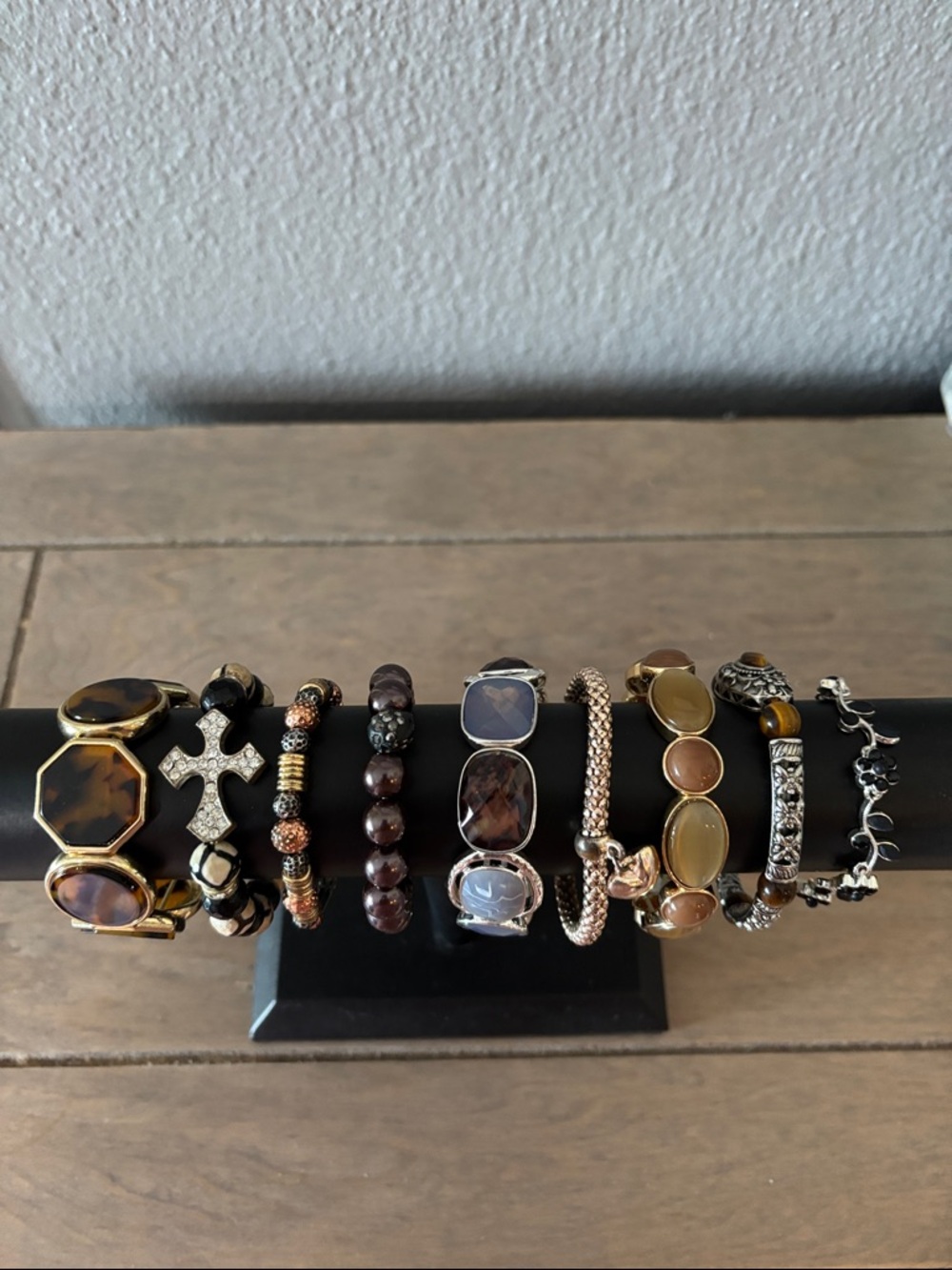Mixed Stone and Metal Bracelet Stack - Brown, Gold, Black